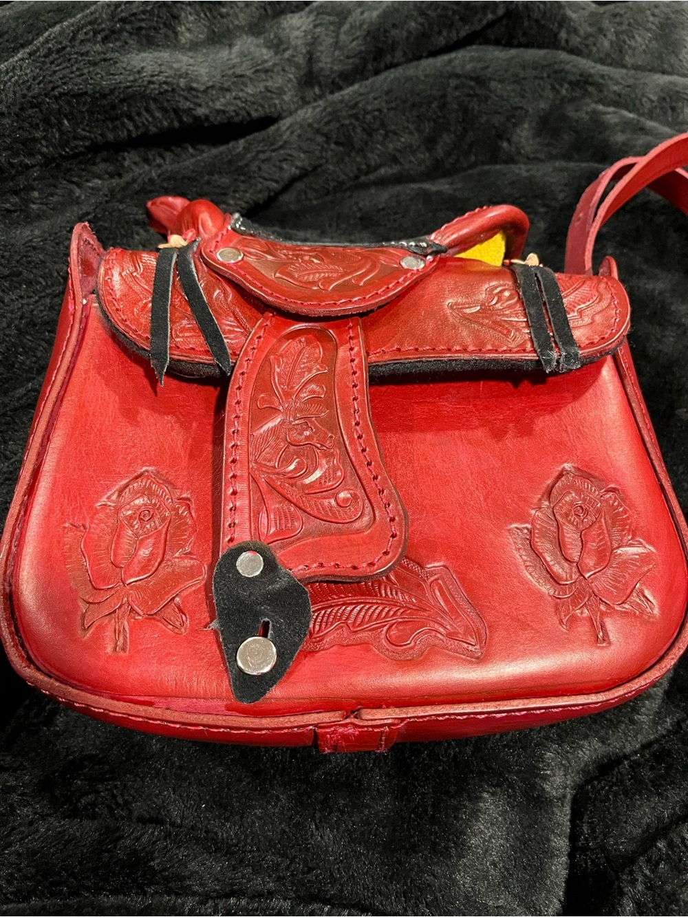 Red Floral Tooled saddle Leather Crossbody Bag - Women